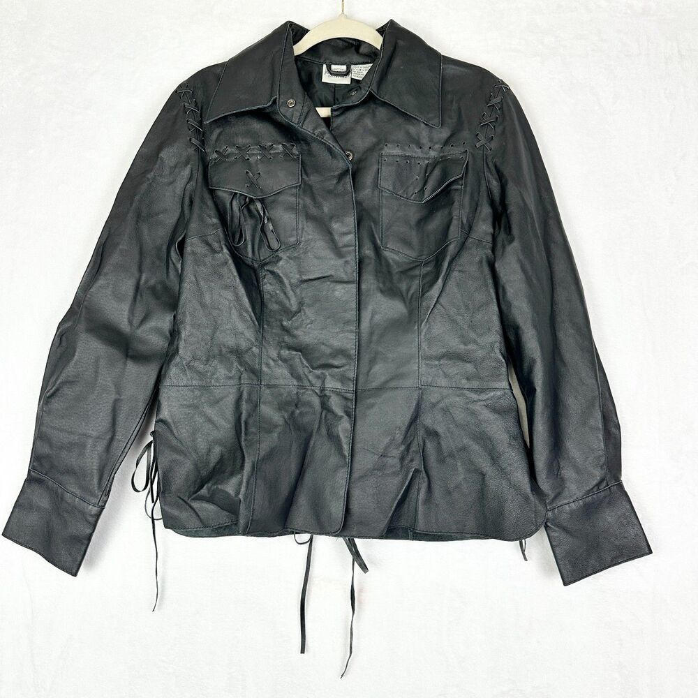 Newport News Vintage Leather Jacket Size 12 Black Lined Braided Detail Biker